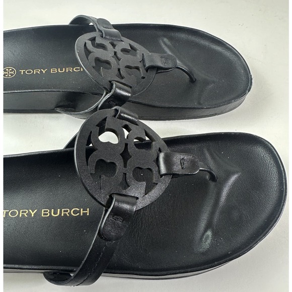 Tory Burch Miller Cloud Sandal Black Leather Flip Flops Women’s Size 8 Sandals - Picture 10 of 12